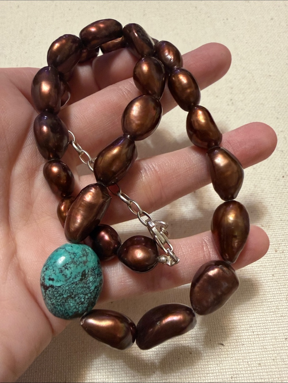 Beautiful Sterling Silver 925 Brown Pearl bead Necklace W/ Turquoise Accent